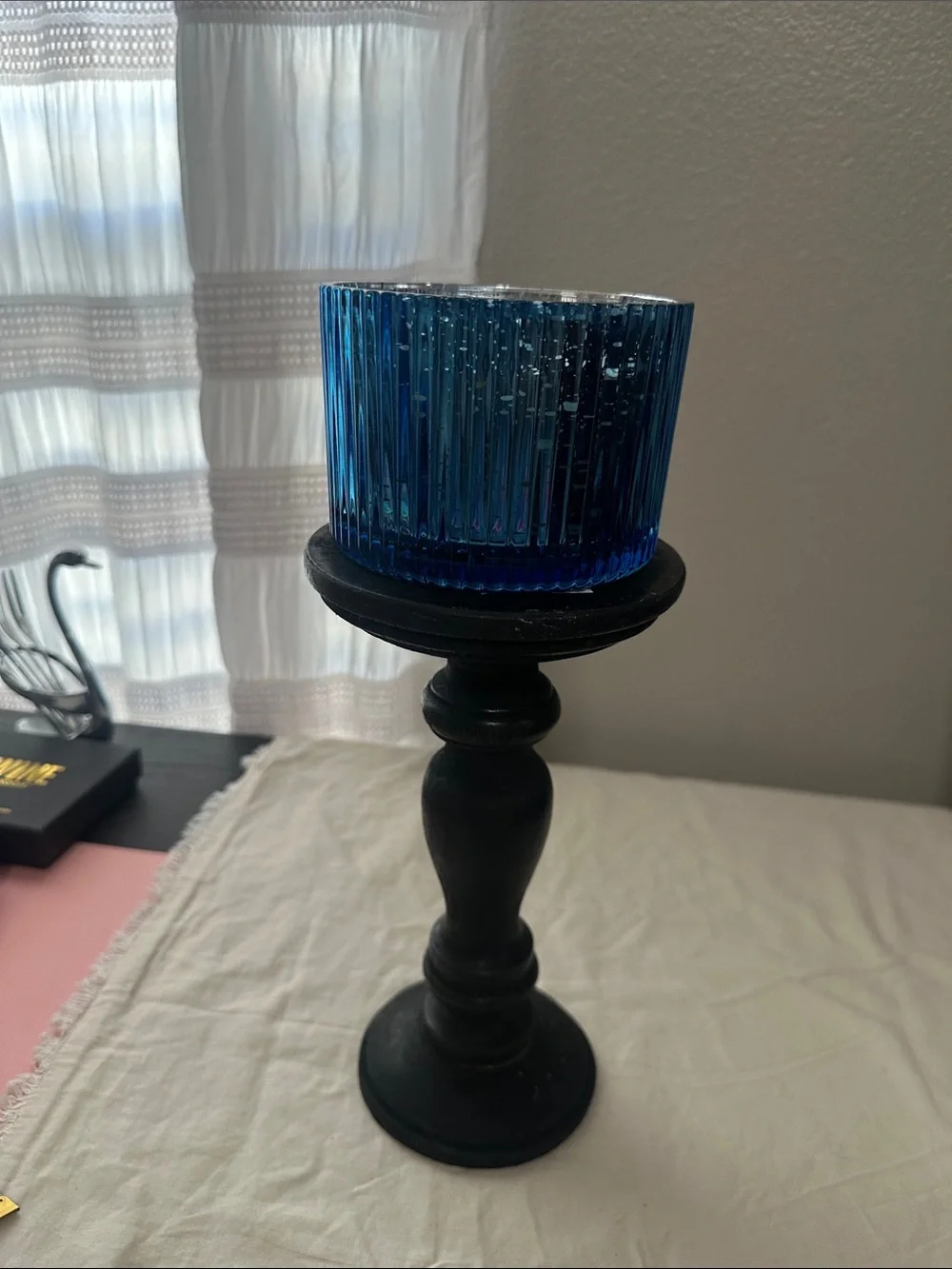 Malibu Lagoon Blue MercuryGlass Candle Jar & Black Wood candle stick. NWT